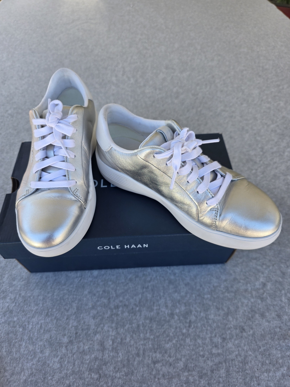 Cole Haan Women's Grand Crosscourt Metallic Silver Leather Sneakers Size 7B